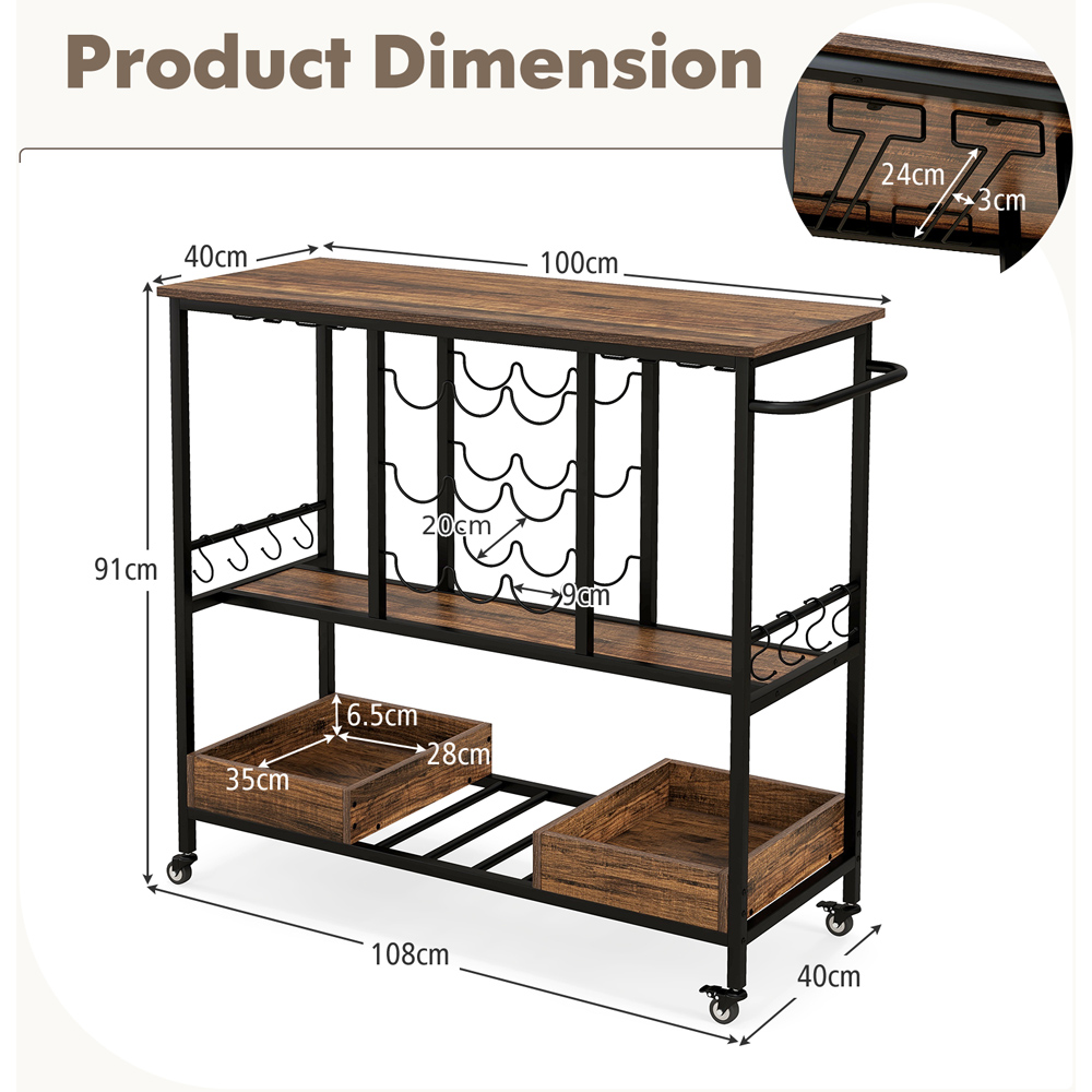 Costway 3 Tier Rustic Brown Bar Cart on Wheels with Glass Racks Image 9