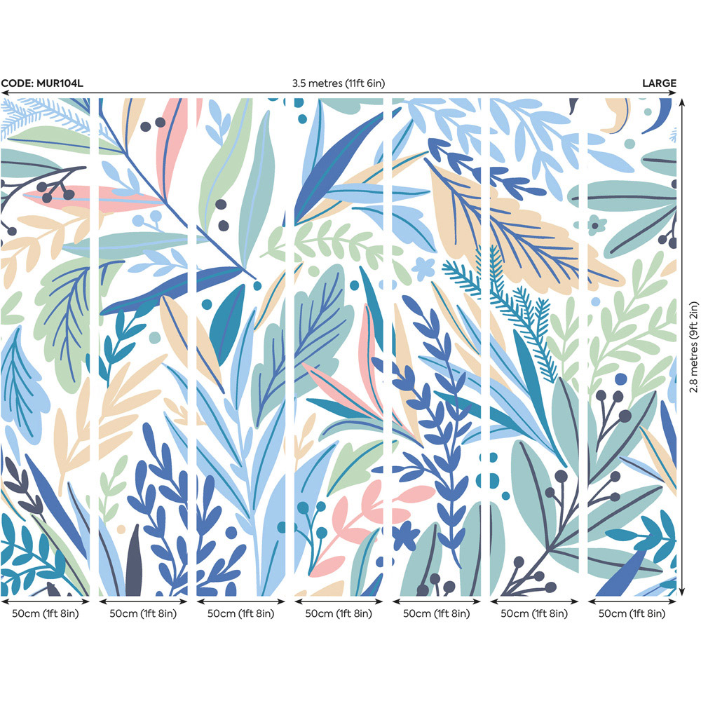 Origin Murals Patterned Leaves Blue Wall Mural Image 3