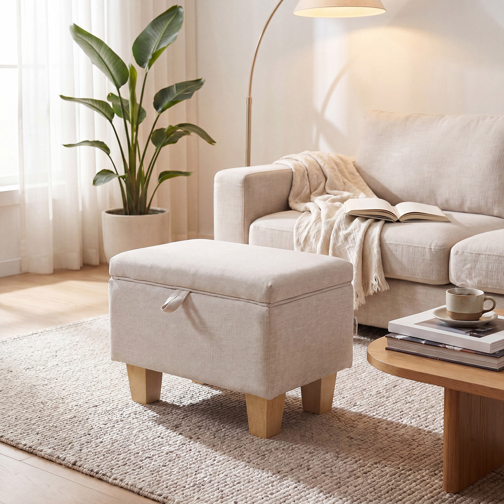 Living and Home 2 in 1 Cream Linen Upholstered Storage Ottoman Image 3
