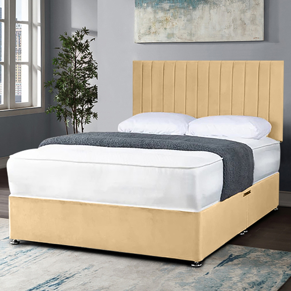 Eleganza Home Naptime King Size Beige Plush Divan Bed with Lined Headboard Image 1
