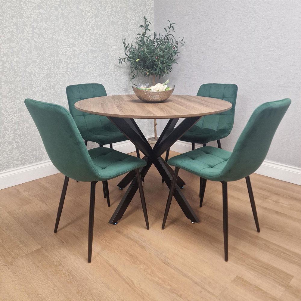 Kosy Koala 4 Seater Wood Effect Velvet Round Dining Set Green Image 3