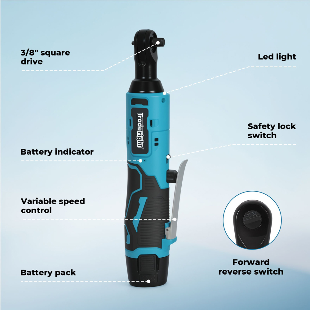 Traderight 3/8 inch Cordless Right Angle Ratchet Wrench with 2 Batteries Image 9