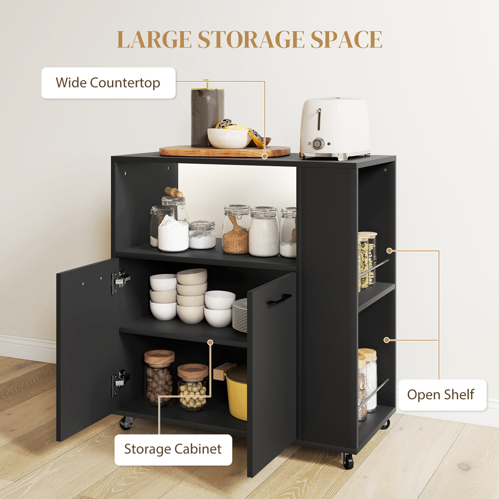 HOMCOM 2 Door Black Kitchen Island on Wheels with Spice Rack Image 5