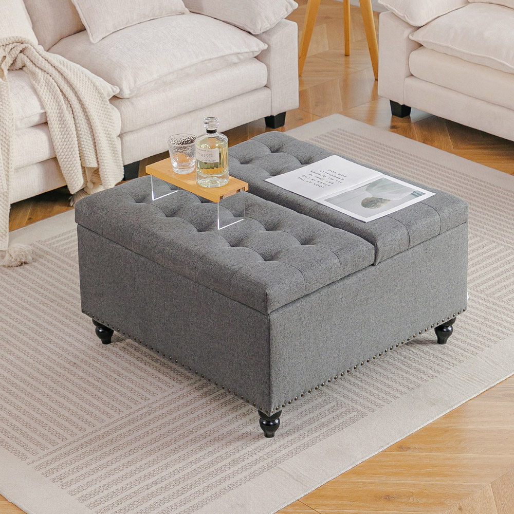 Living and Home Grey Square Linen Upholstered Lift Top and Flip Storage Ottoman Image 7