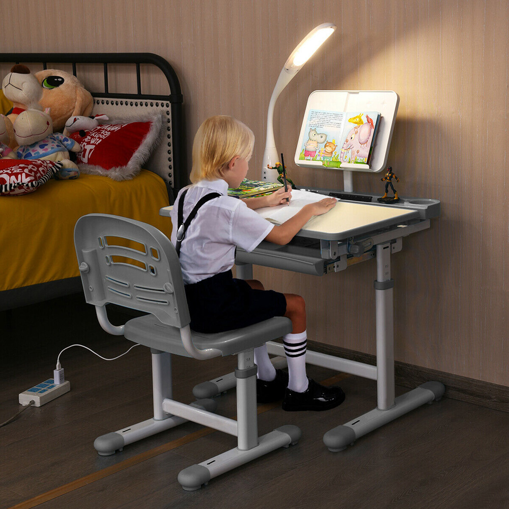 Costway Grey Height Adjustable Kids Desk and Chair Set with Lamp Image 5