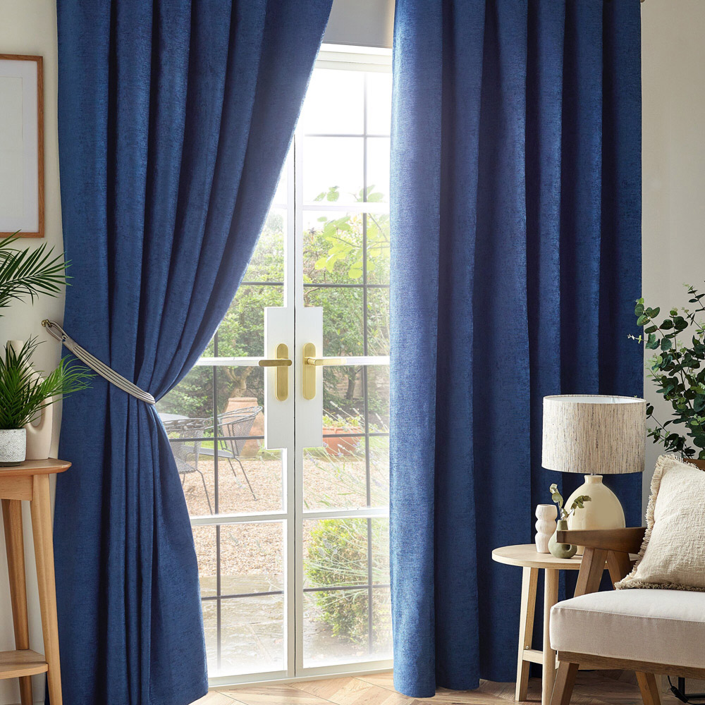 Alan Symonds Blue Chenille Blackout Pencil Pleat Curtains 229cm x 183cm Image 1