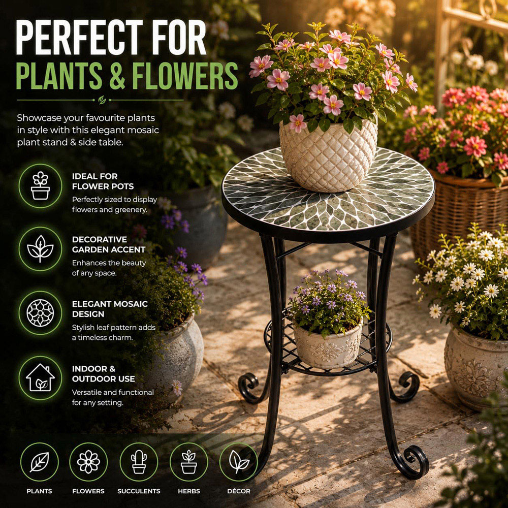 Shatchi Leaf 2-in-1 Single Shelf Mosaic Ceramic Tile Top Plant Stand Side Table Image 4