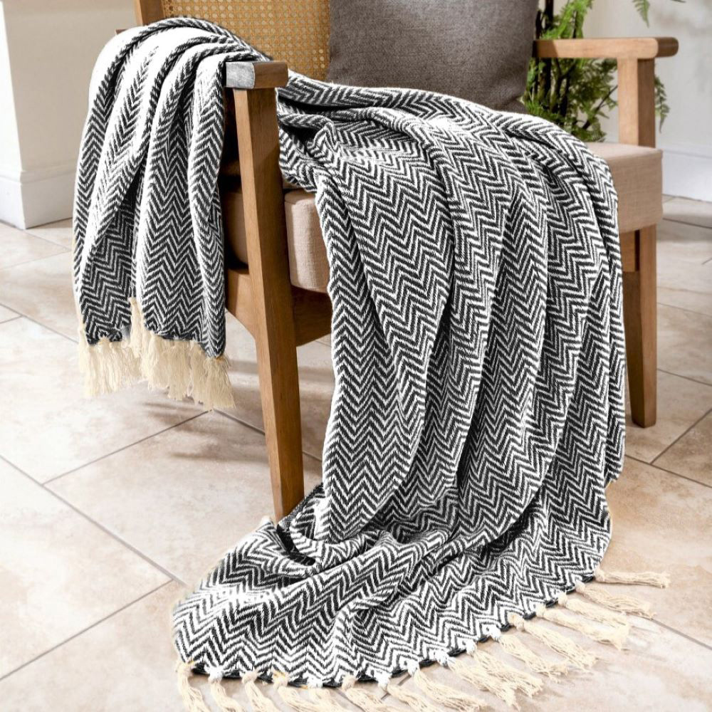 Allure Home Fashions Audley Charcoal Cotton Chevron Herringbone Throw 150 x 200cm Image 2