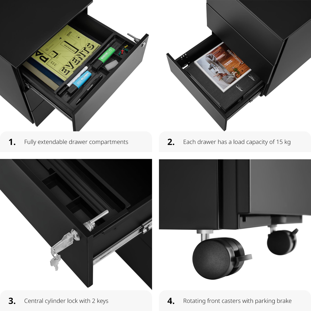 tectake Magna 3 Drawers Black Lockable Chest of Drawers Image 6