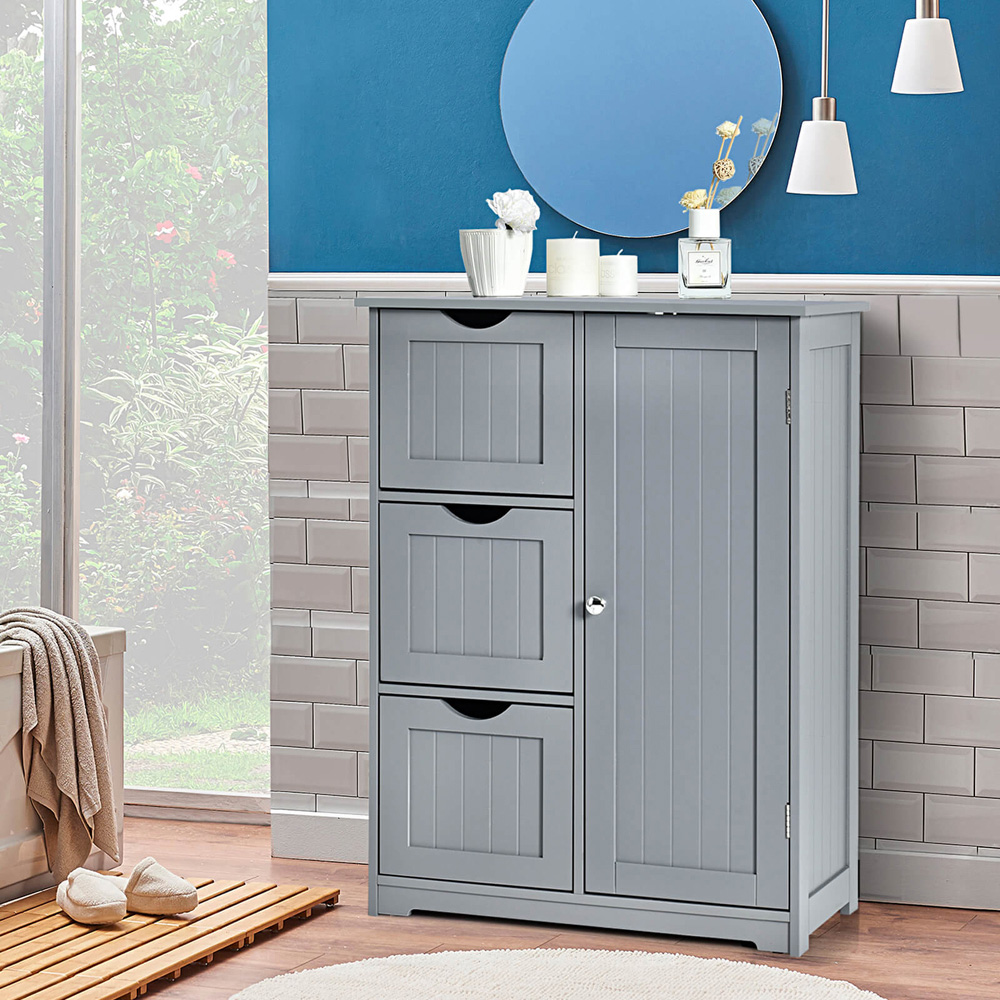 Costway Single Door 3 Drawer Grey Freestanding Bathroom Cabinet Image 3
