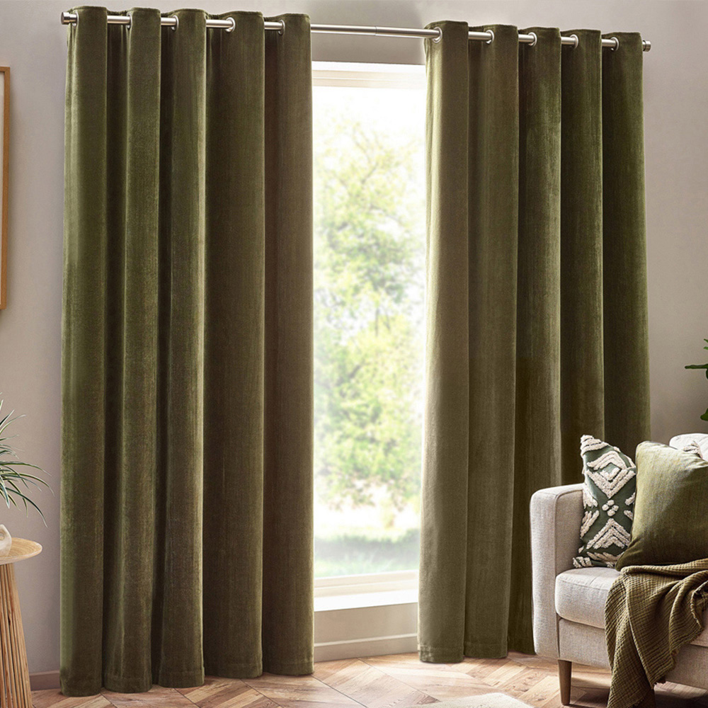 Yard Olive Heavy Chenille Velvet Eyelet Curtain 168 x 183cm Image 1