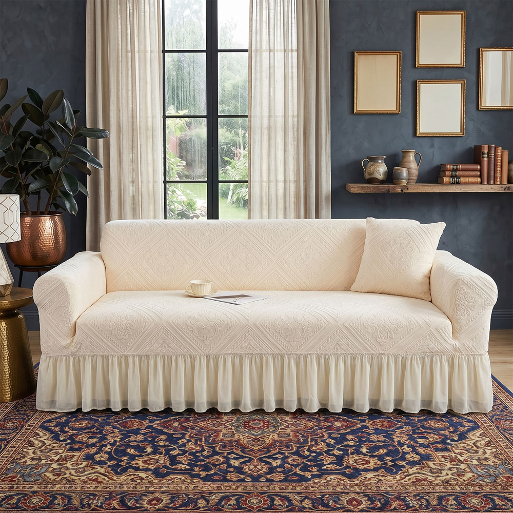 Living and Home 2 Seater Beige Damask 3D Embossed Plush Sofa Cover Image 2