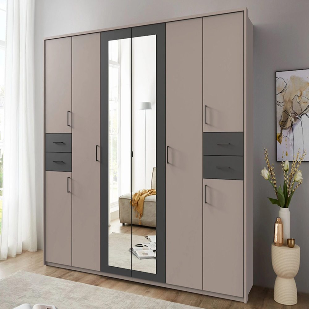 TJ'S Vegas 6 Door 4 Drawer Sahara Grey Mirrored Wardrobe Image 1