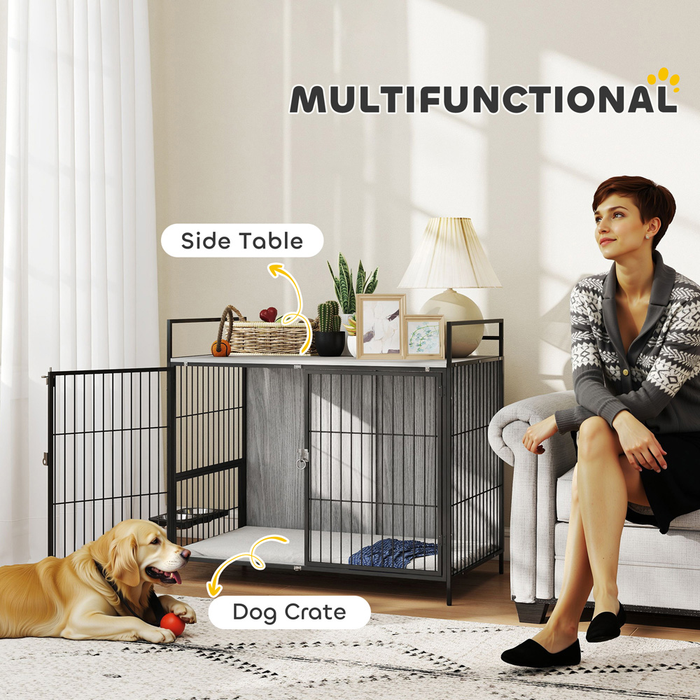 PawHut Grey Large Dog Crate with Rotating Bowl Holder Image 8