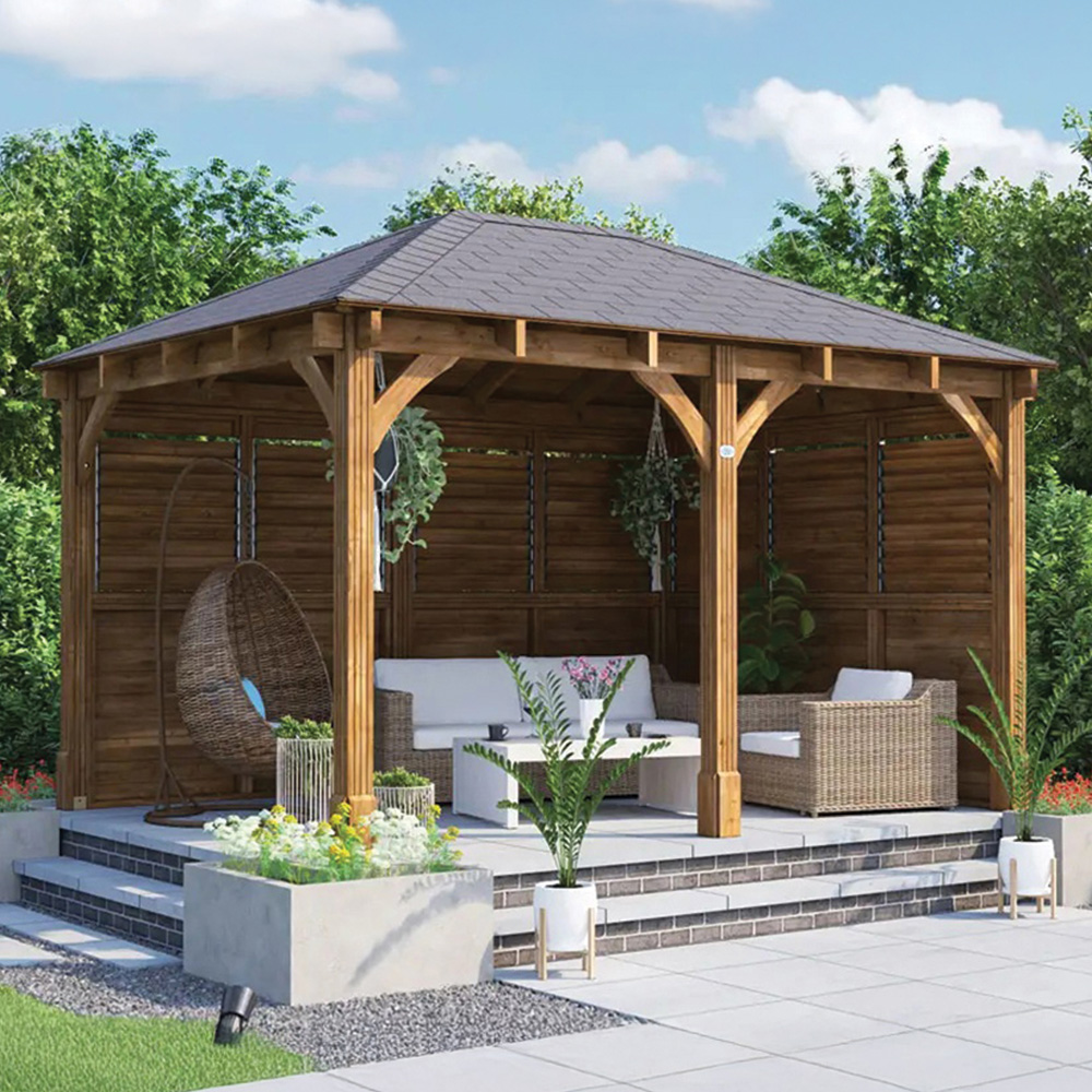 Dunster House Leviathan 4 x 3m Brown Louvre Walled Garden Gazebo with Heavy Duty Roof Shingles Image 1