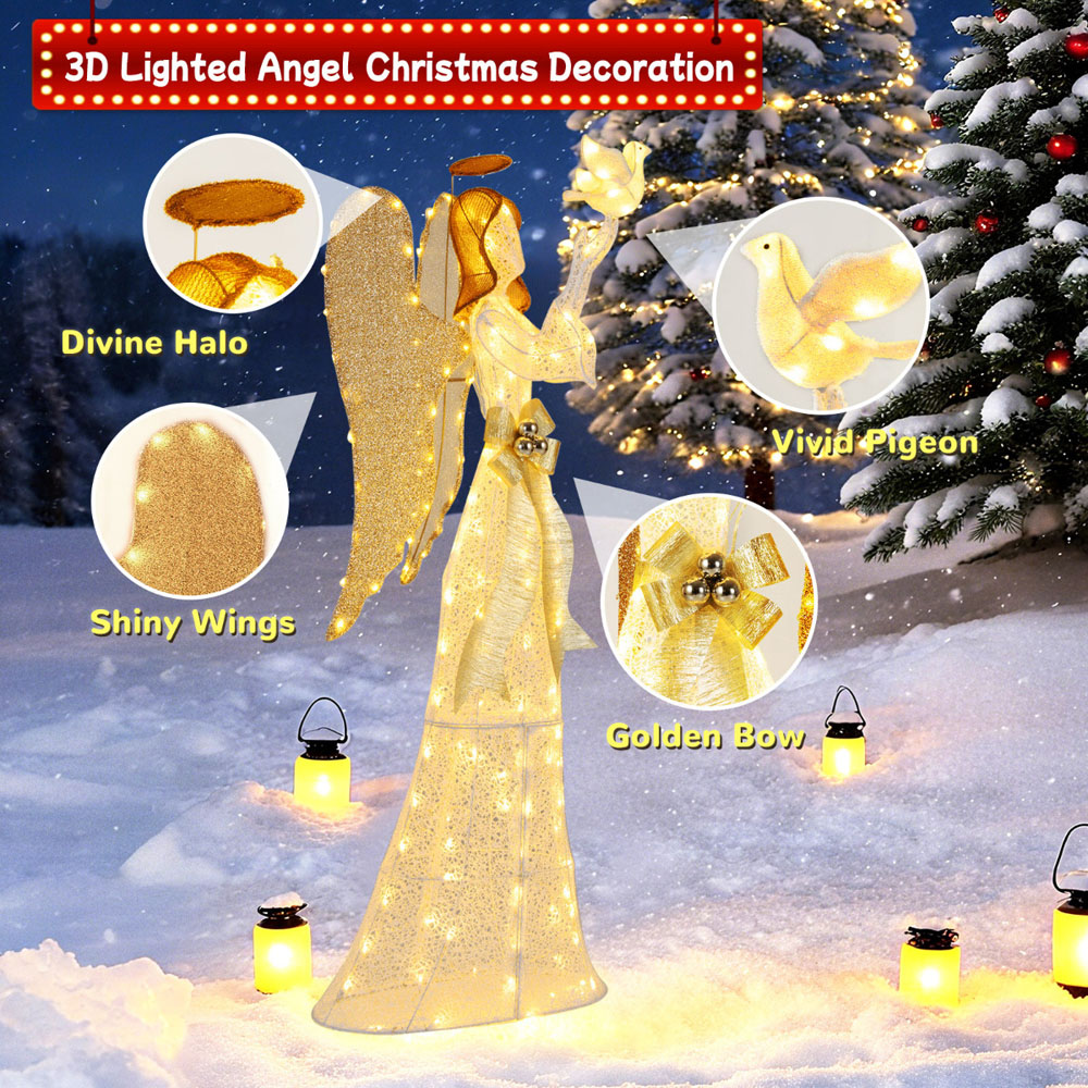 Costway 3D Lighted Angel with Pigeon and Golden Wings Christmas Decoration Image 5