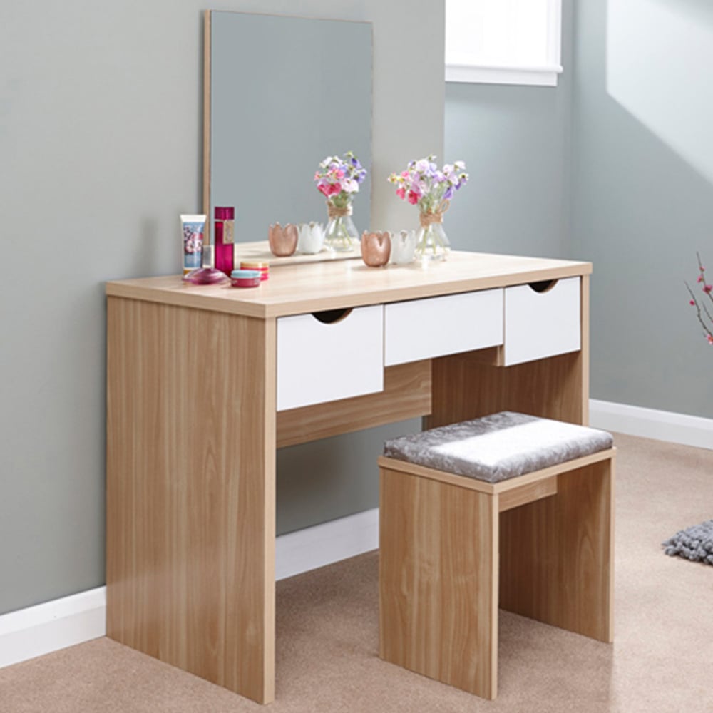 GFW Elizabeth 3 Drawer Oak Wood Dressing Table Set Image 1