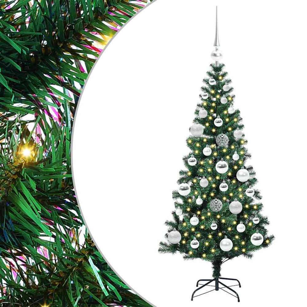 vidaXL Pre-Lit Silver Baubles Green Artificial Christmas Tree 4ft Image 2