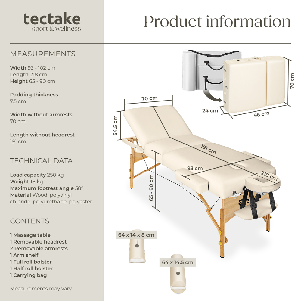 tectake Beige 3 Zone Somwang Massage Table with Headrest Armrests Footrest and Bolster Set Image 9