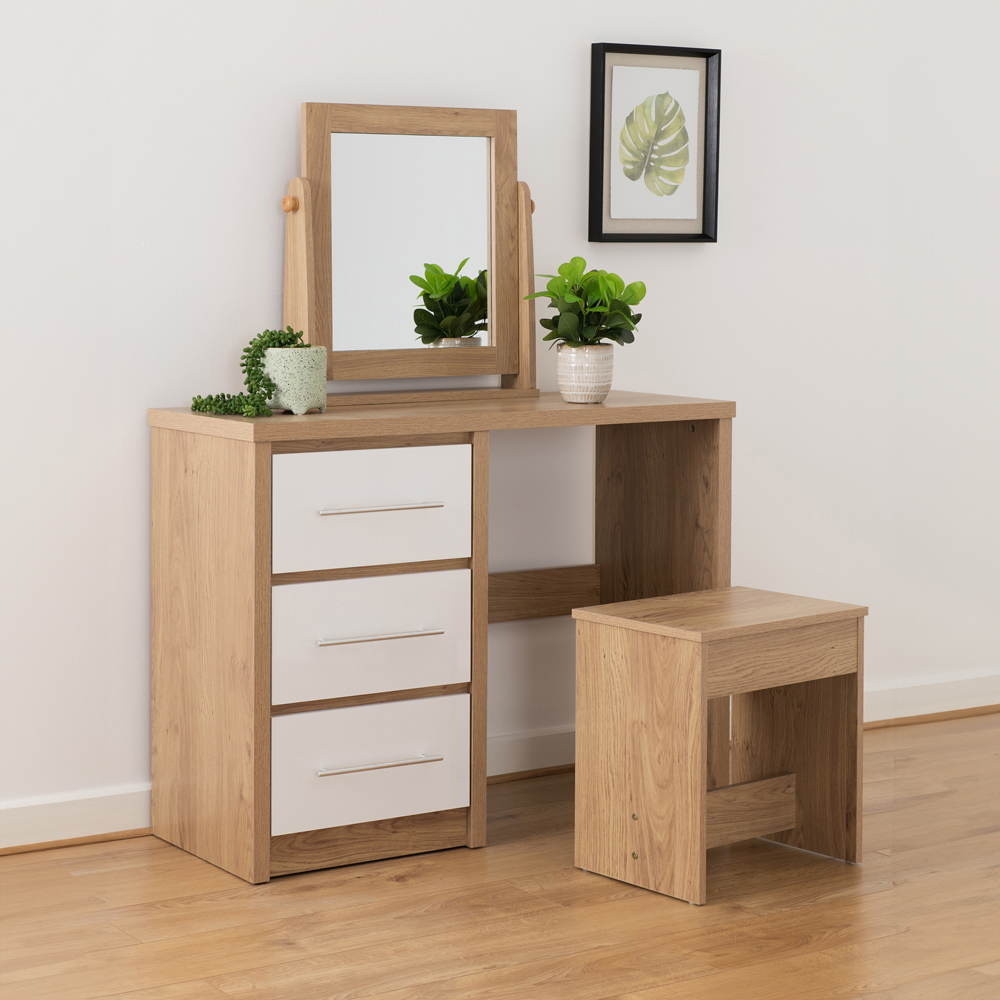 Seconique Seville White Gloss Light Oak Veneer Dressing Table Set Image 7