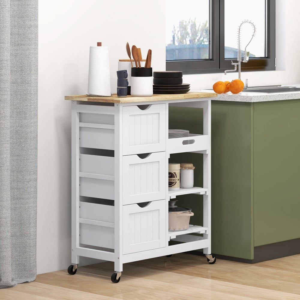 HOMCOM 3 Drawer 3 Shelf White Rolling Kitchen Island Cart Image 2