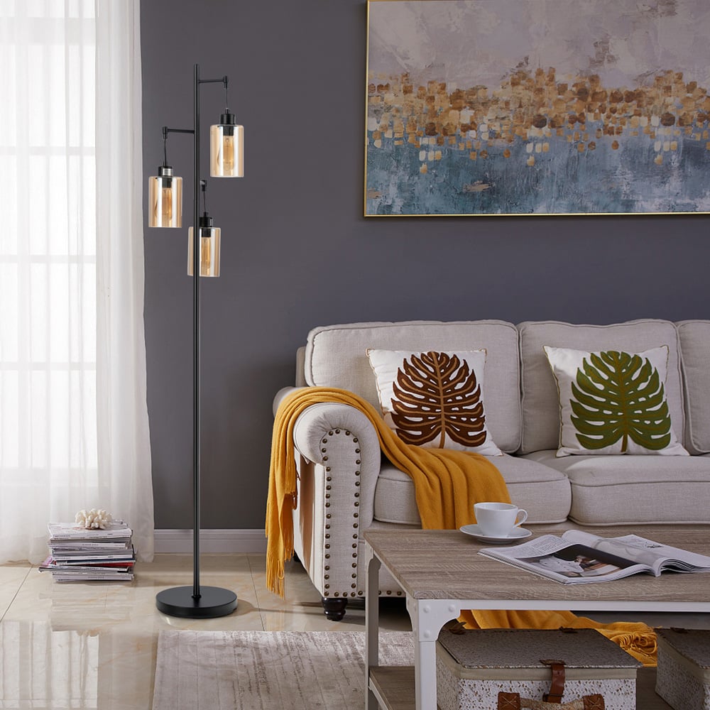 Costway Amber Glass Shade 3 Head Hanging Floor Lamp Image 2