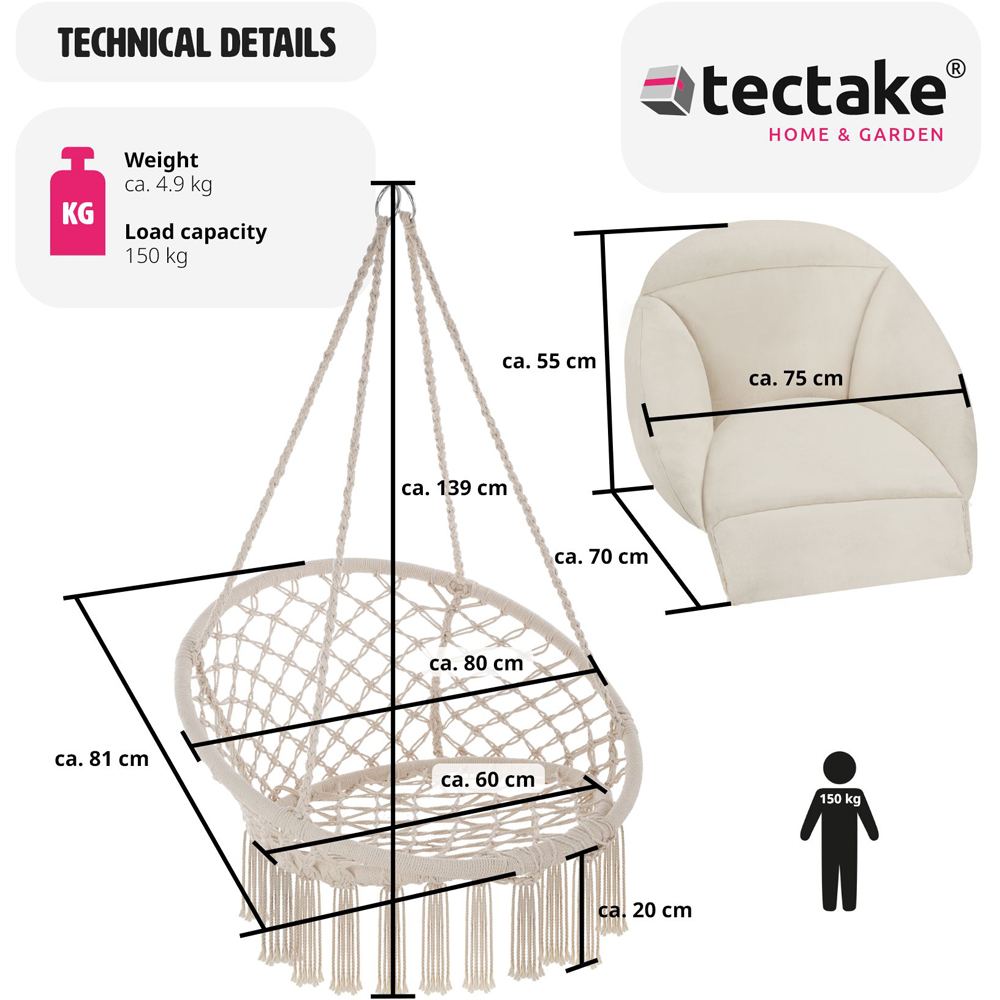 tectake Samira Beige Swing Chair with Thick Seat Cushion Image 8