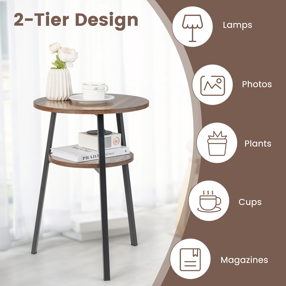 Costway 2 Shelf Brown Round Wooden Side Table Image 4
