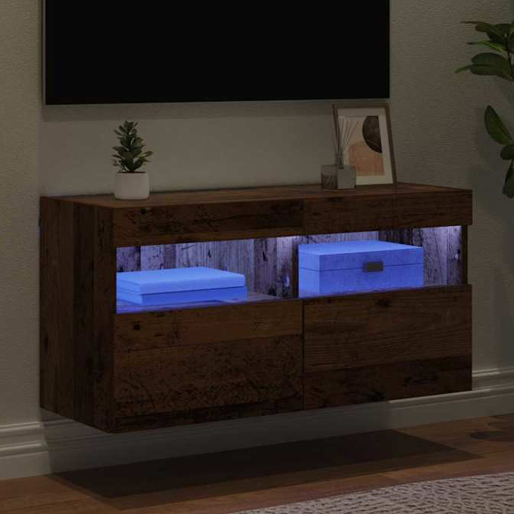vidaXL 2 Door 2 Shelf Old Wood Wall Mounted TV Cabinet with LED Light Image 1