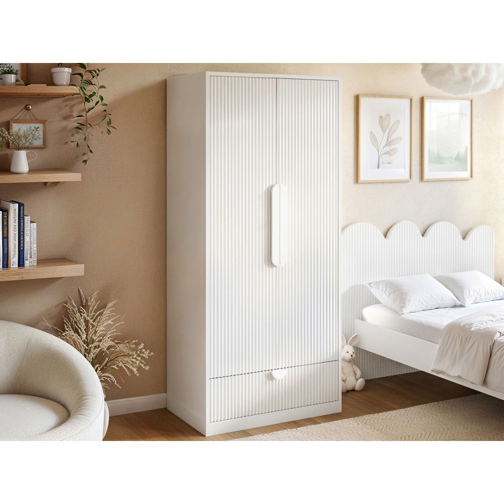 Flair Calista 2 Door Single Drawer White Ribbed Wardrobe Image 5