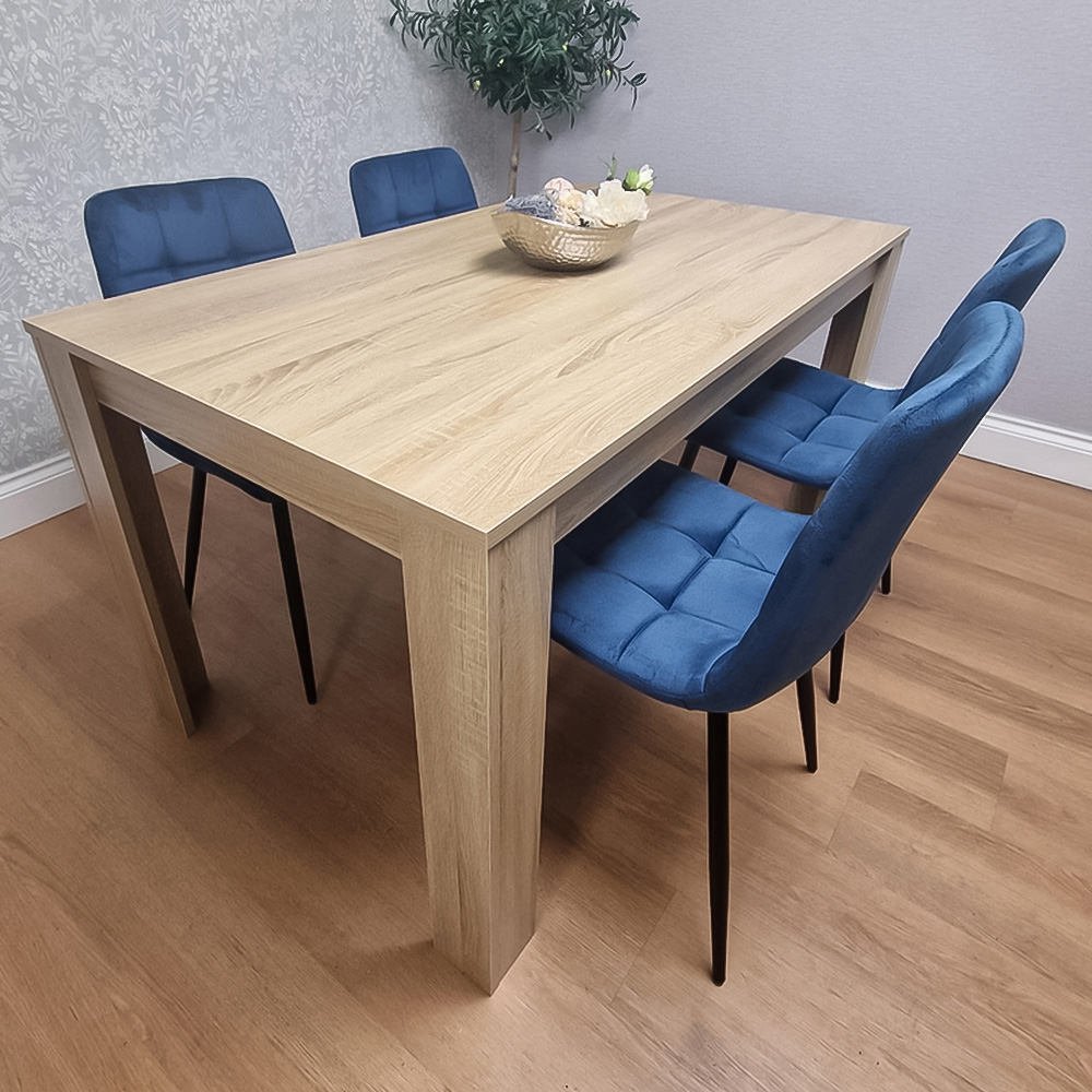 Portland Rocco 4 Seater Velvet Dining Set Oak Effect and Blue Image 1