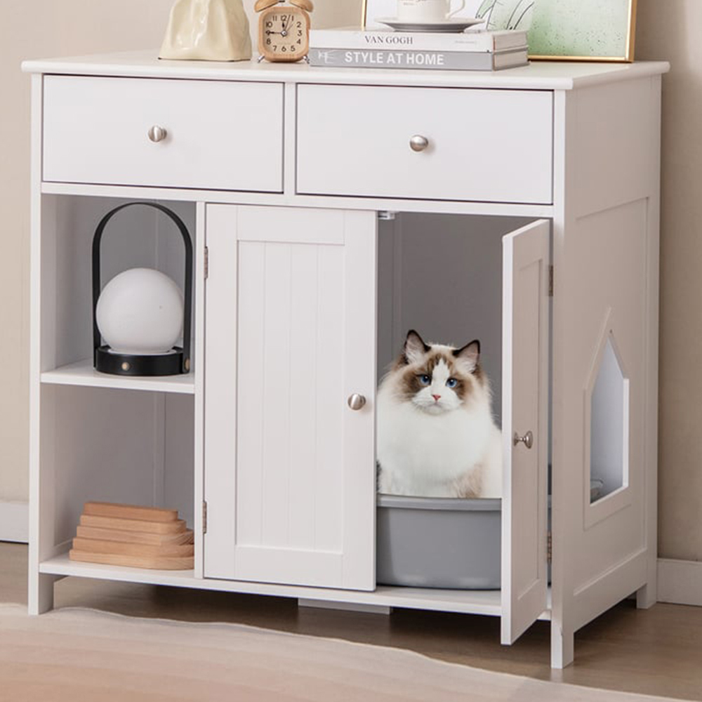 Costway 2 Door 2 Drawer White Hidden Cat Washroom Side Cabinet Image 1