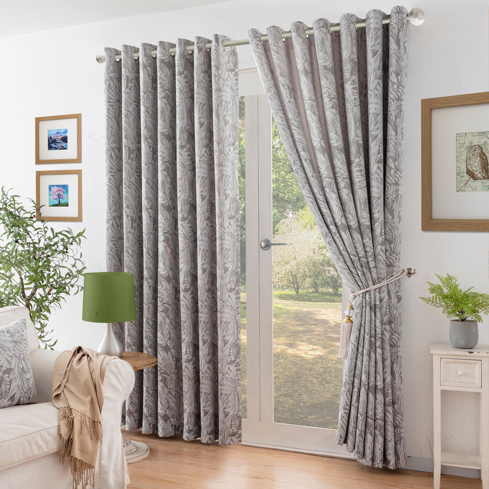 Alan Symonds Silver Chenille Jacquard Lined Ring Top Eyelet Curtains 168 x 229cm Image 1