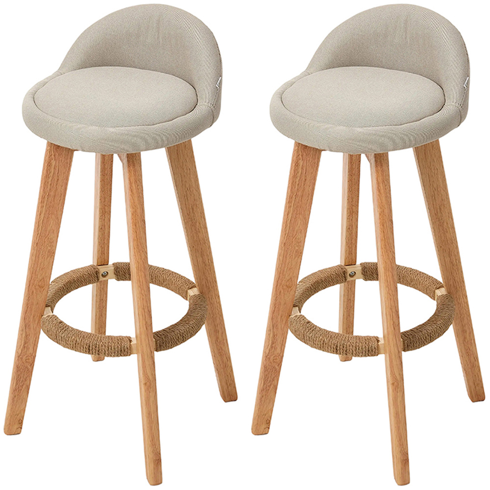Living and Home Set of 2 Beige Linen Bar Stools with Wood Legs Image 2