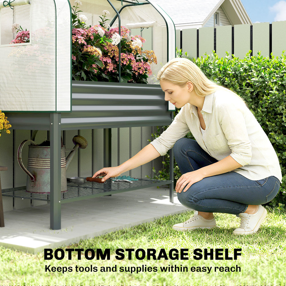 Outsunny Galvanised Raised Planter with Greenhouse Cover and Bottom Shelf 140 x 120 x 55cm Image 5