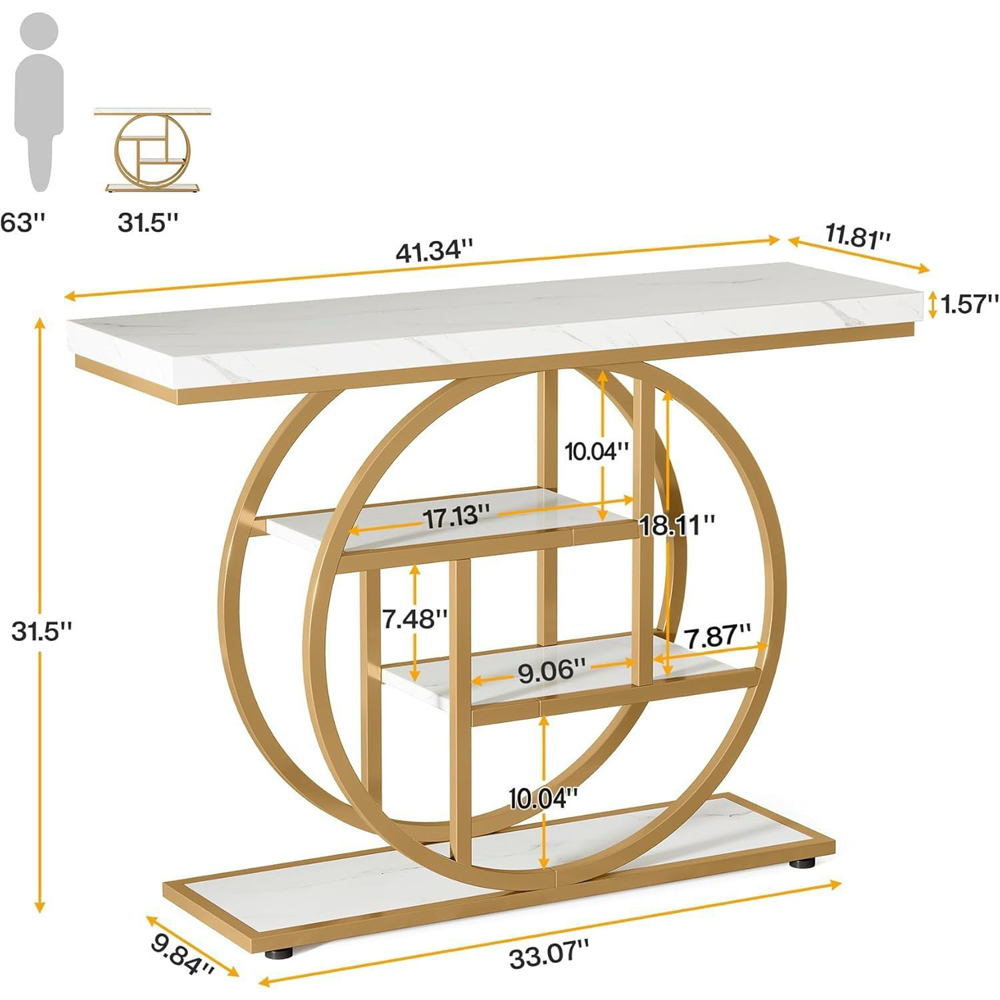 Alivio 4-Tier White and Gold Rustic Wood Double Round Metal Frame Console Table Image 9