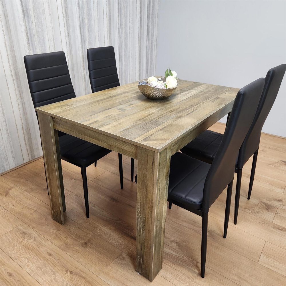 Kosy Koala 4 Seater Wood and Faux Leather Dining Set Rustic Effect and Black Image 4