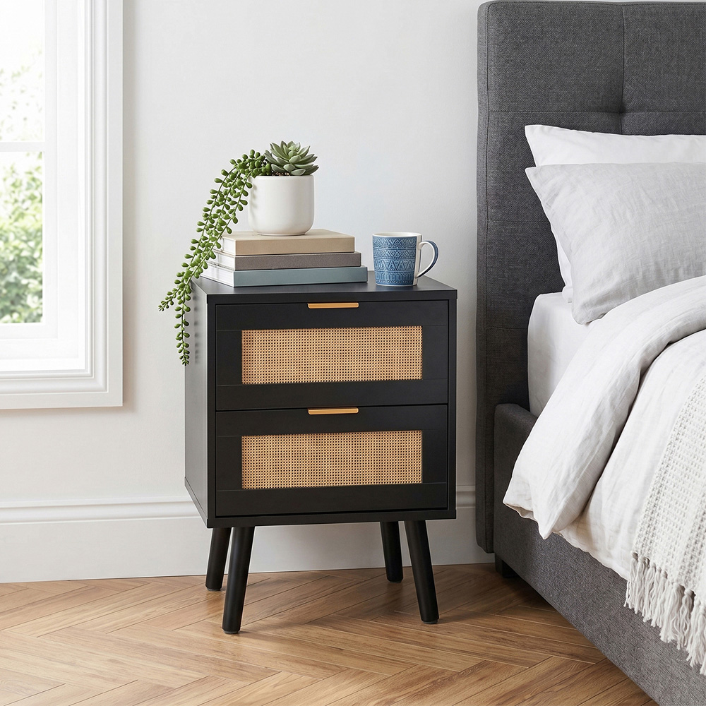 Living and Home 2 Drawer Black Rattan Bedside Table Set of 2 Image 7
