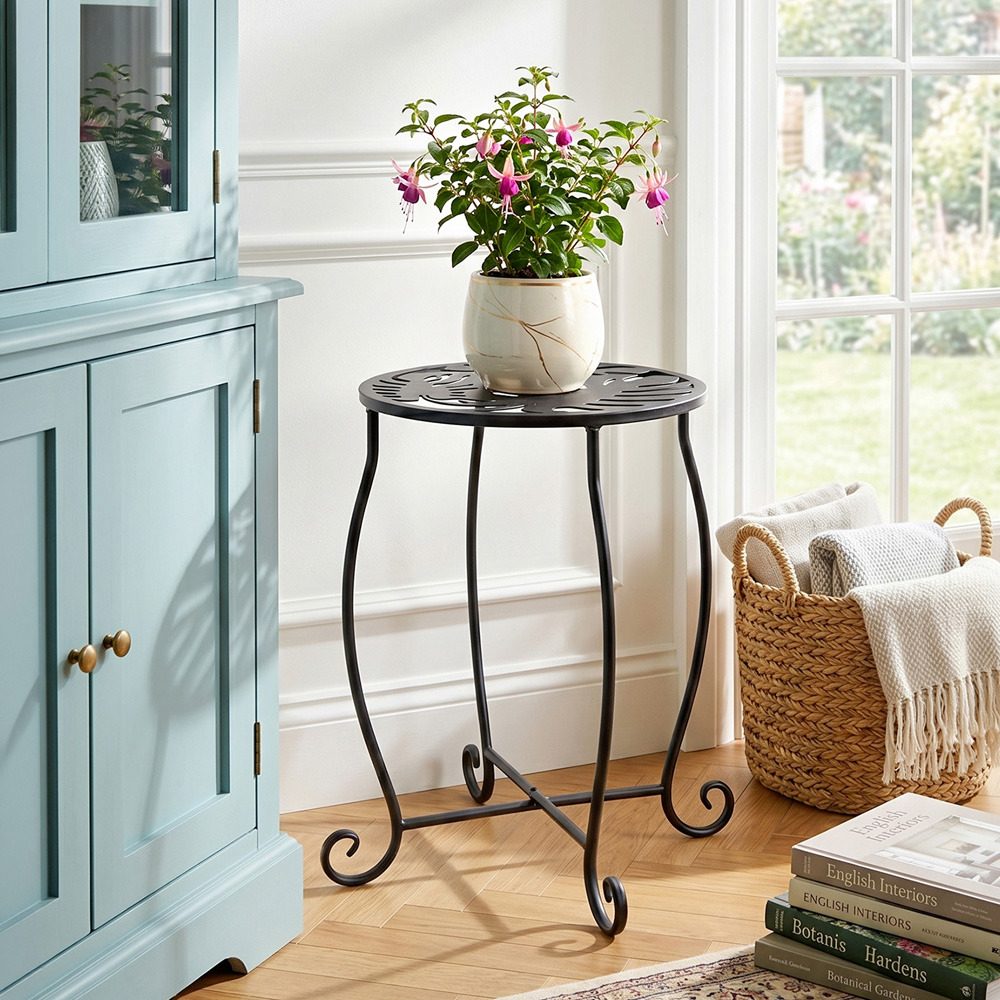 Living and Home Black Metal Scrollwork and Monstera Leaf Top Plant Stand 38cm Image 7