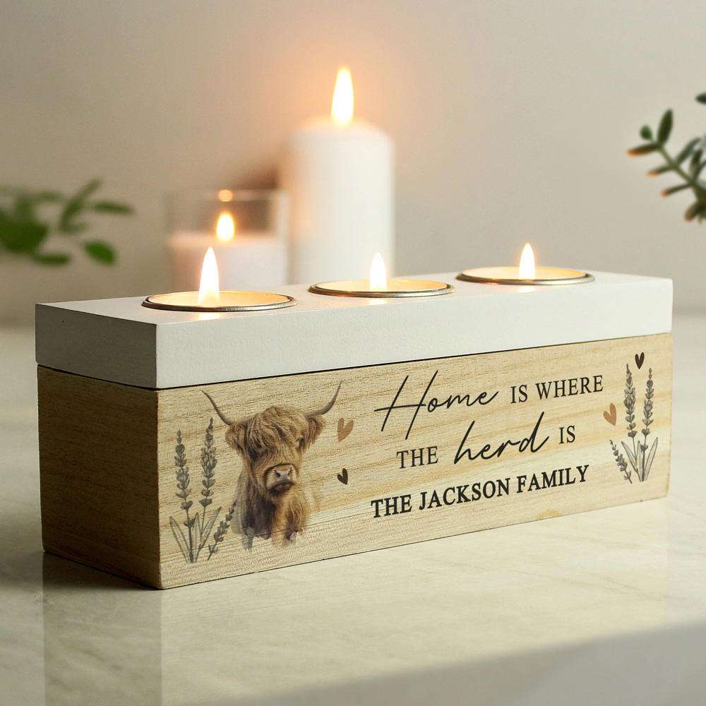 Personalised Memento 3 Piece Personalised Highland Cow Tea Light Box Image 2