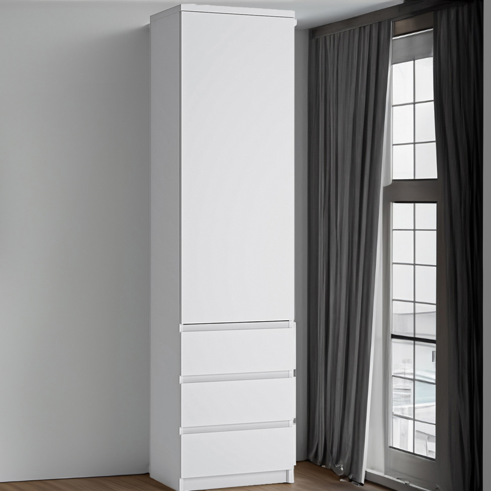 Florence Fribo Single Door 3 Drawer White Tall Narrow Wardrobe Image 1