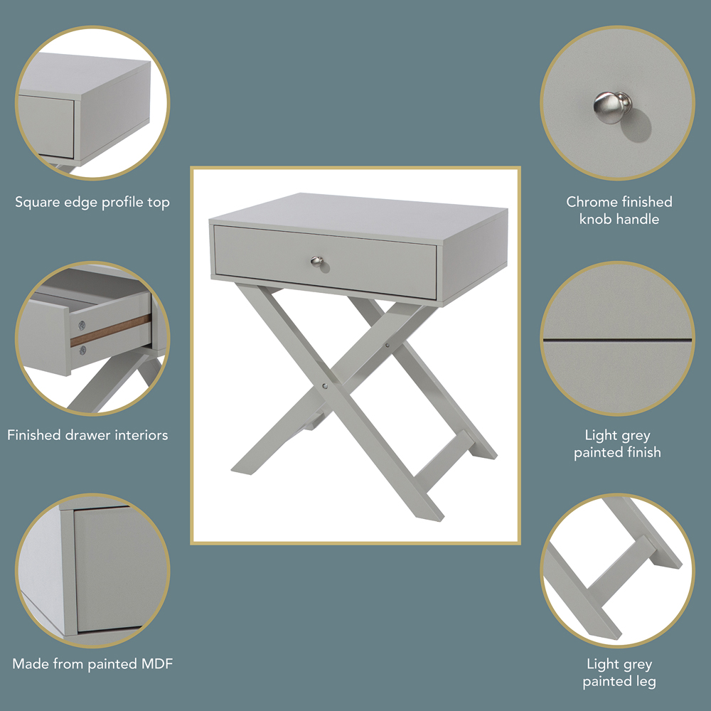 Leighton Single Drawer Light Grey X Legs Bedside Table Image 7