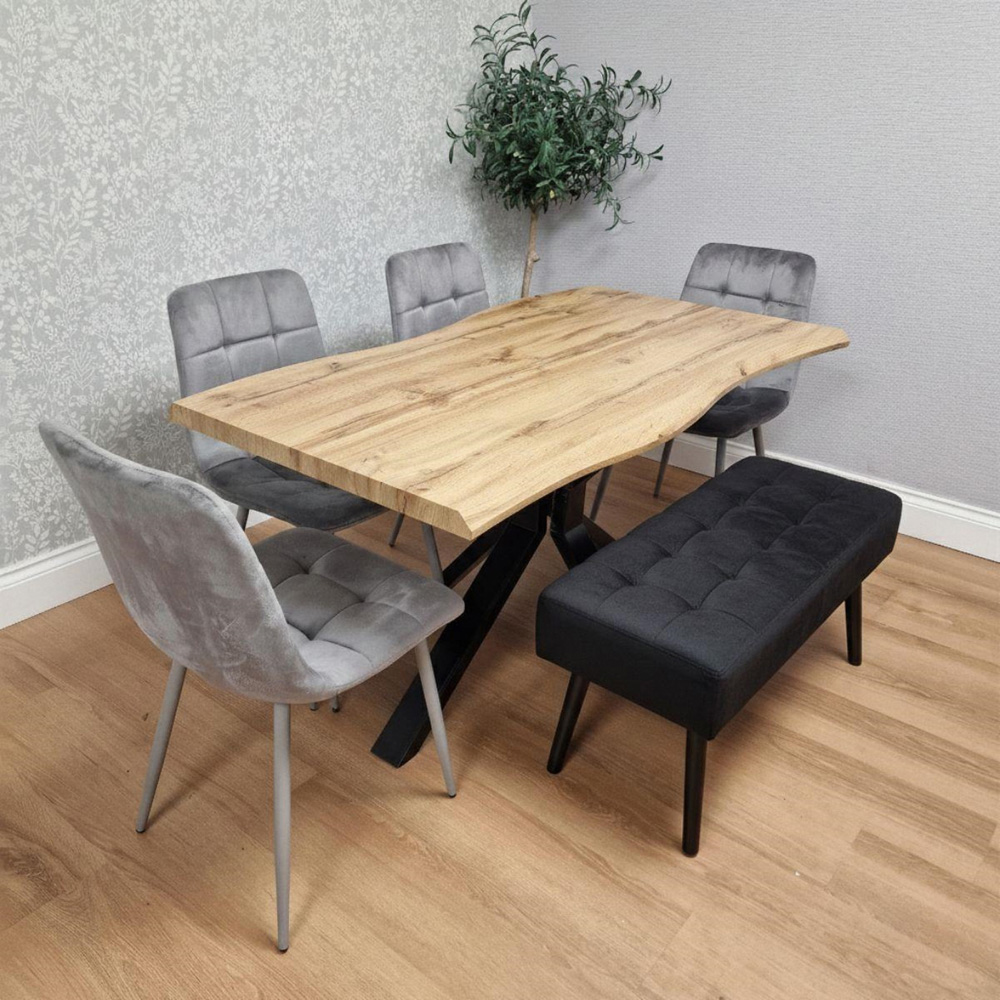 Portland 5 Seater Velvet Wooden Dining Set with Bench Brown Grey and Black Image 2