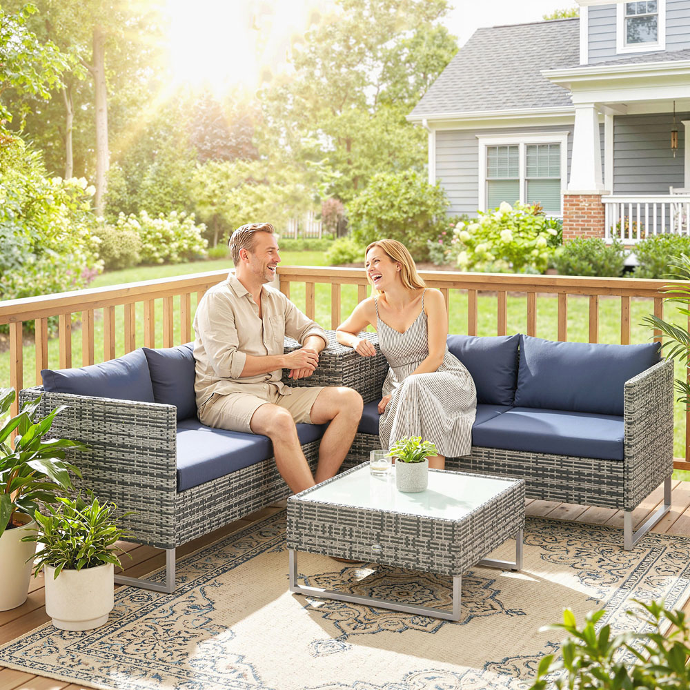 Outsunny 4 Seater Dark Blue PE Rattan L-Shape Corner Garden Sofa Set Image 2