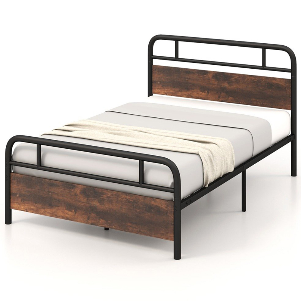 Costway Double Rustic Brown and Black Bed Frame Image 2
