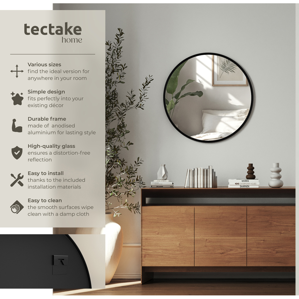 tectake Fiona Black Aluminium Frame Round Wall Mounted Mirror 50cm Image 7