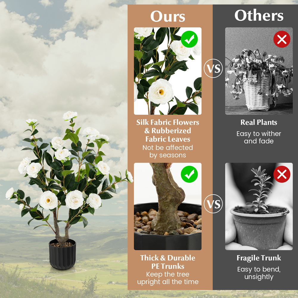 Costway White Flowers Camellia Tree Artificial Plant In Pot 3.1ft Image 5