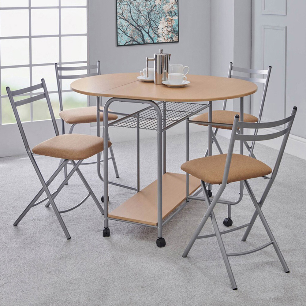 Greenhurst 4 Seater Stowaway Dining Set Oak and Silver Image 1