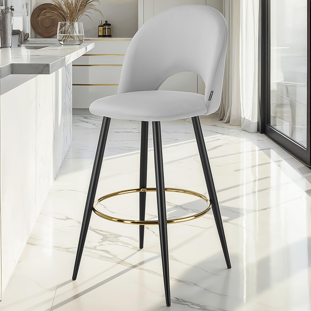 tectake Rachel Light Grey and Black Velvet Look Bar Stool Set of 2 Image 1