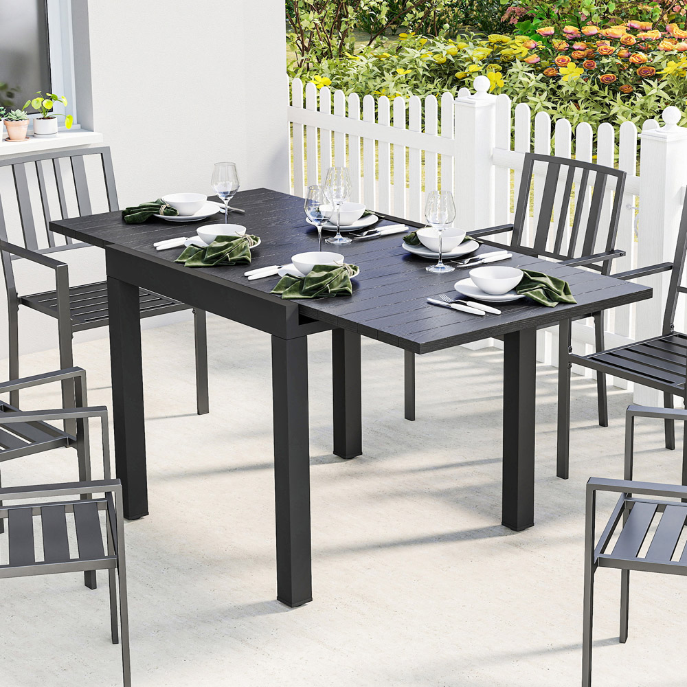 Outsunny 6 Seater 80-160cm Slatted Top Aluminium Extendable Garden Dining Table Black Image 1